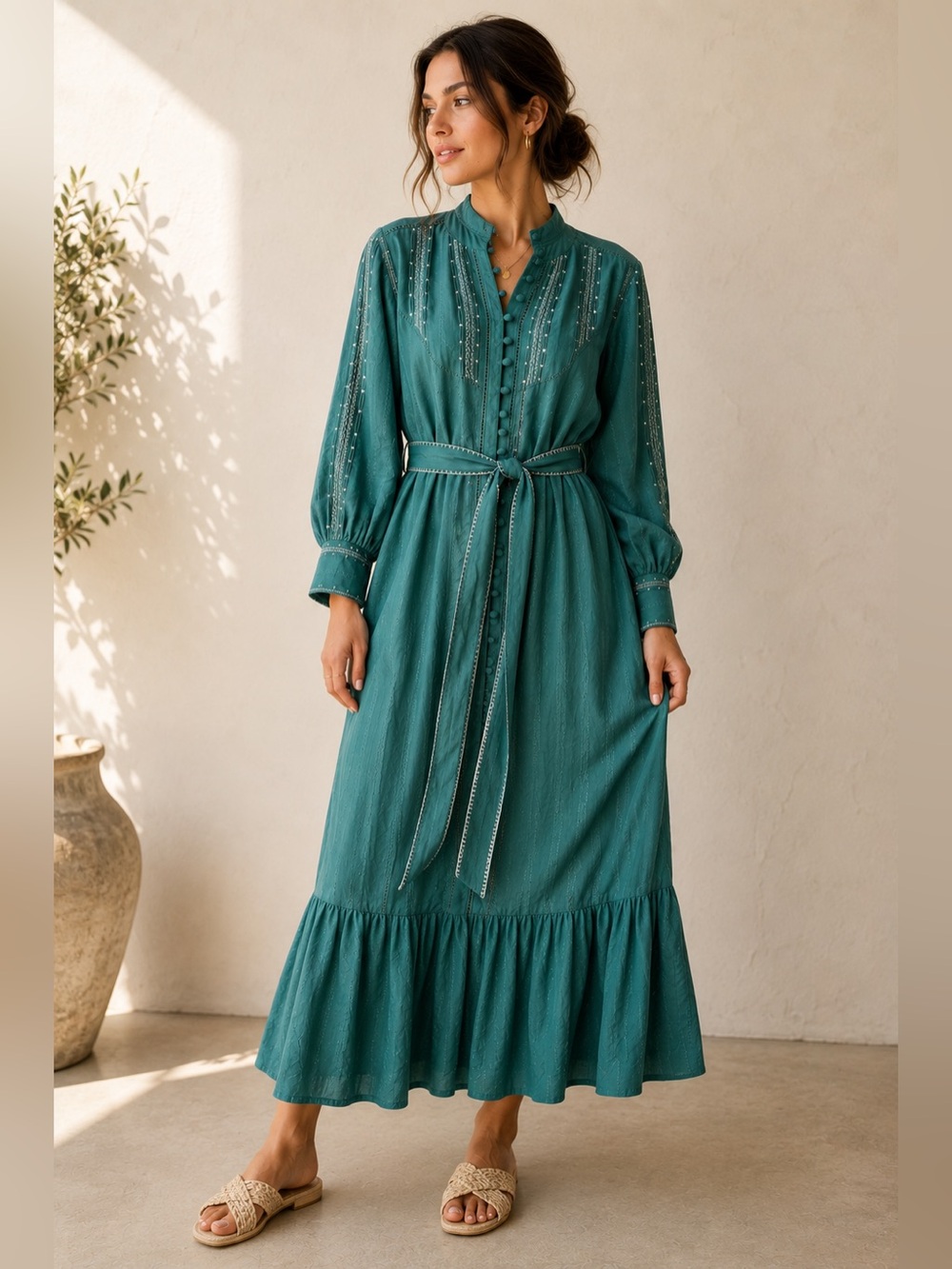Ex Voto Emerald Green Embroidered Maxi Dress Boho Prairie Cotton M NWT